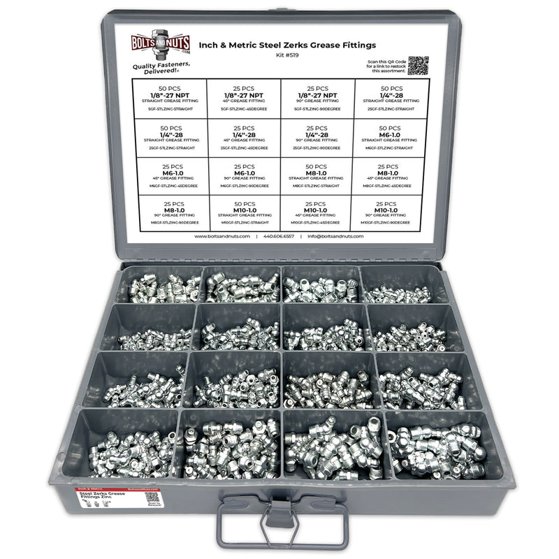 Inch and Metric Steel Zinc Clear Zerks Grease Fittings - 551 PCS