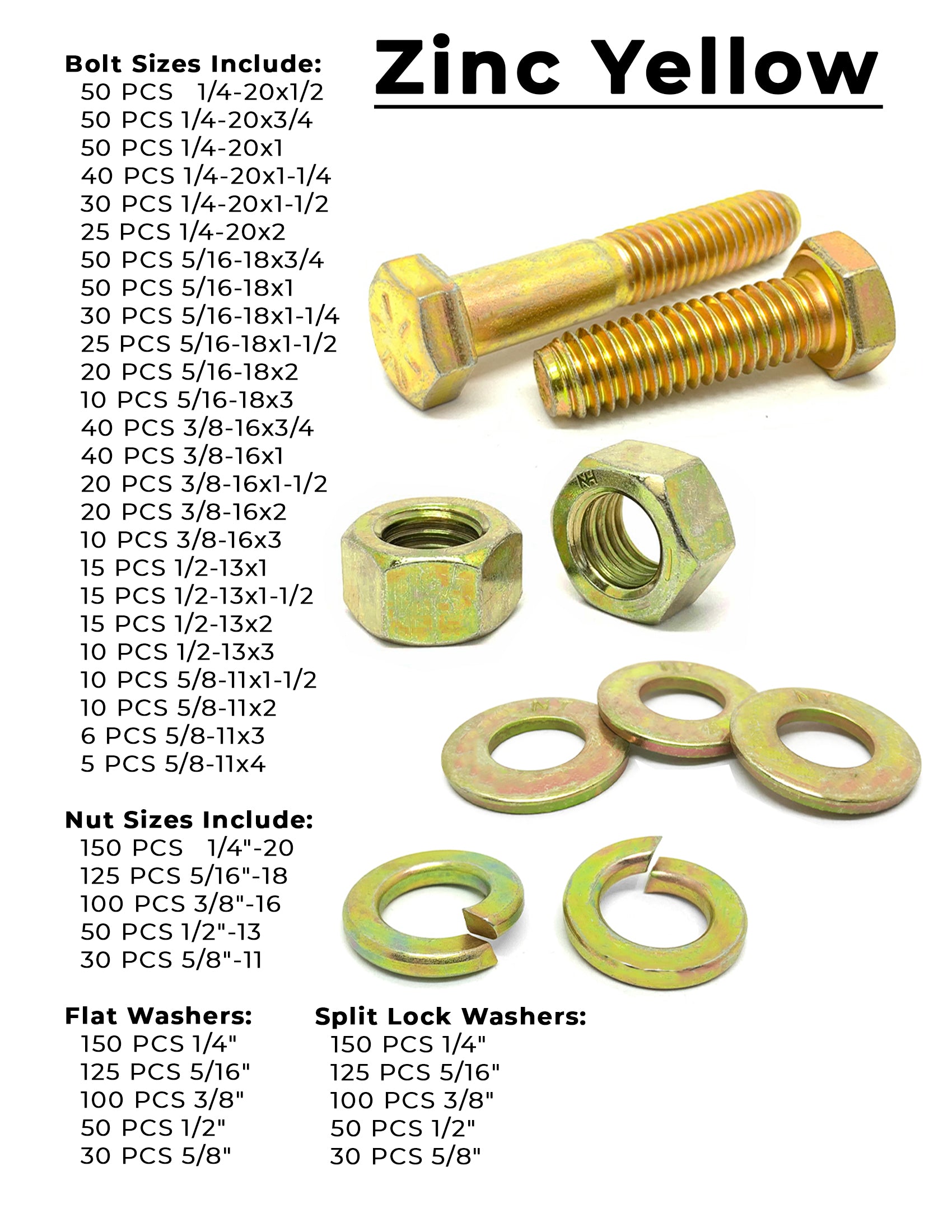 Inch & Metric Grade 8 and Class 10.9 Cap Screws, Nuts, Washers & Lock Washers - Zinc Clear & Zinc Yellow - 4022 PCS