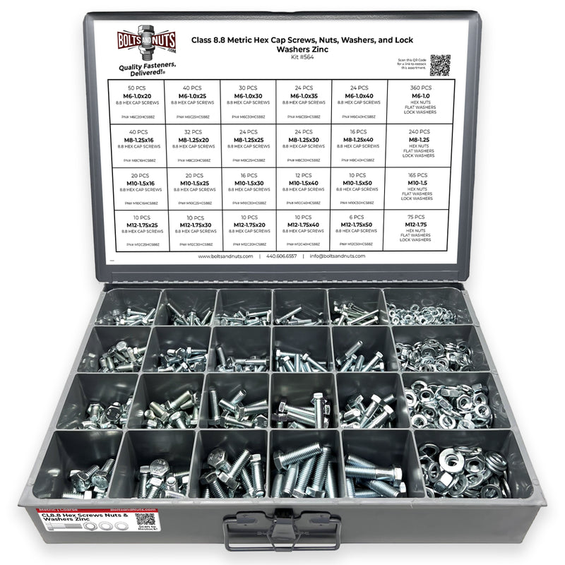 Metric Class 8.8 Hex Cap Screws, Hex Nuts, Flat & Lock Washers Coarse Thread Zinc Clear - 1269 PCS