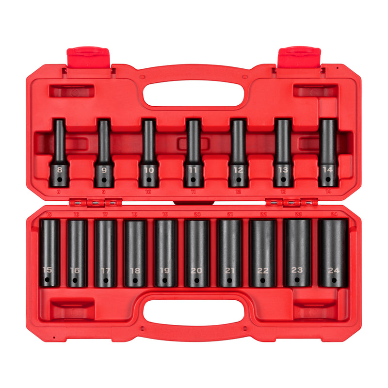 1/2 Inch Drive Deep 12-Point Impact Socket Set with Case, 17-Piece (8 - 24 mm)