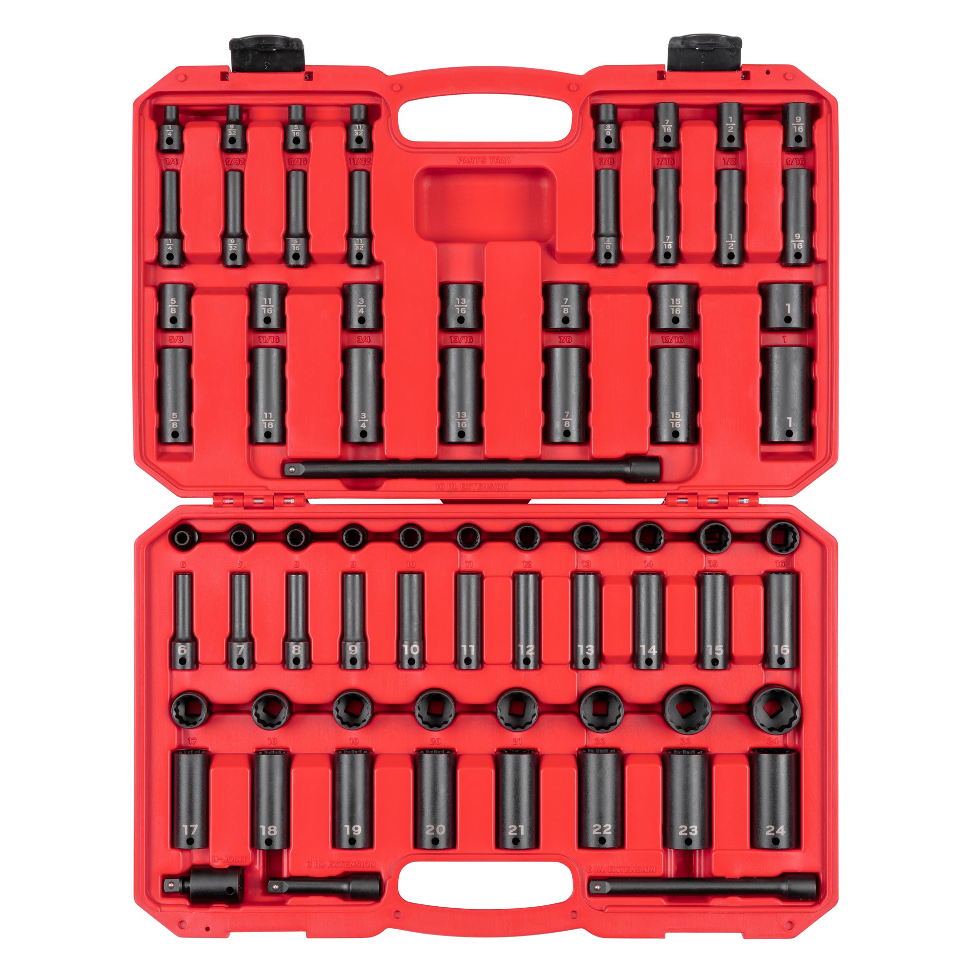3/8 Inch Drive Shallow and Deep 12-Point Impact Socket Set with Case, 72-Piece (1/4 - 1 in., 6 - 24 mm)