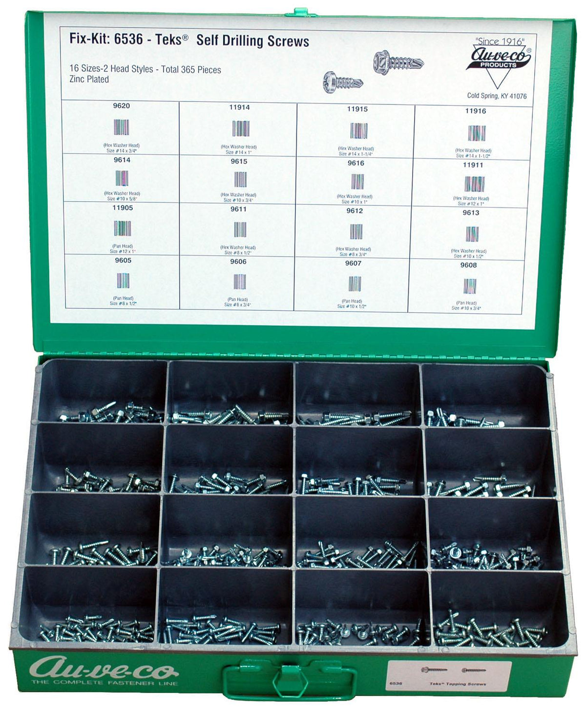Pan And Hex Head Teks Tapping Screw Kit Assortment, 16 Varieties - 365 Pieces