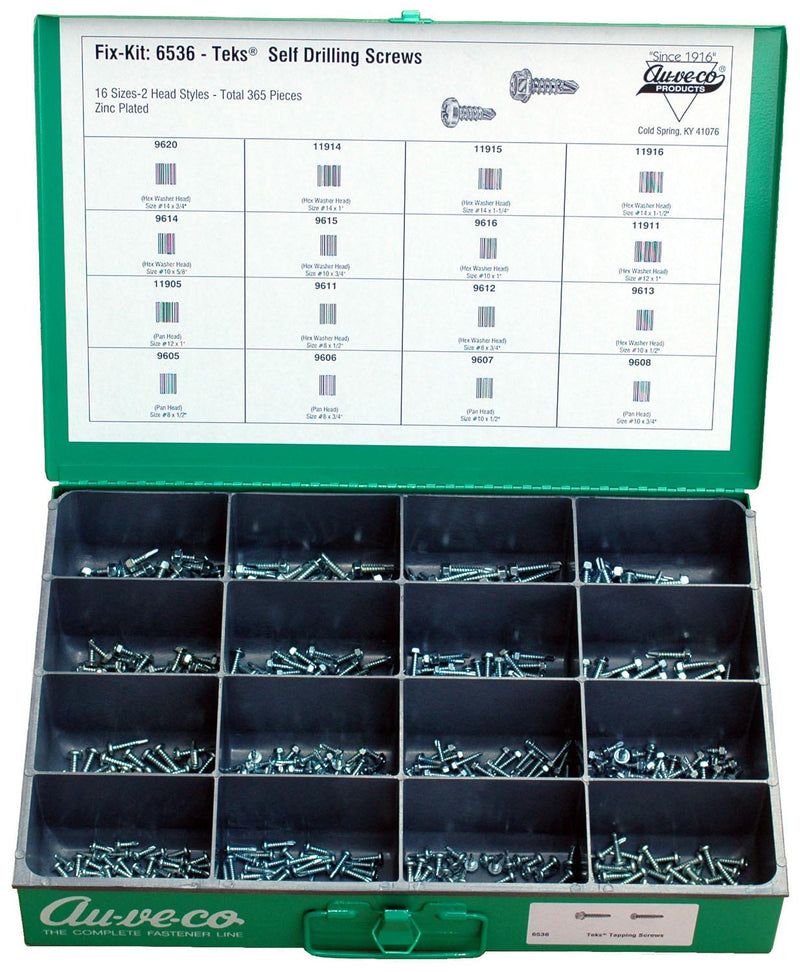 Pan And Hex Head Teks Tapping Screw Kit Assortment, 16 Varieties - 365 Pieces
