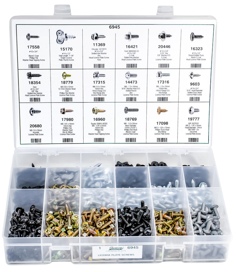 License Plate Screws Assortment, 18 Varieties - 630 Pieces