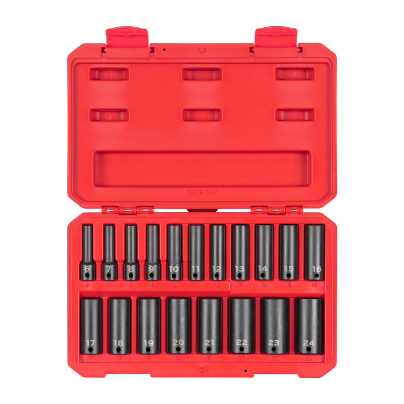 3/8 Inch Drive Deep 12-Point Impact Socket Set with Case, 19-Piece (6 - 24 mm)