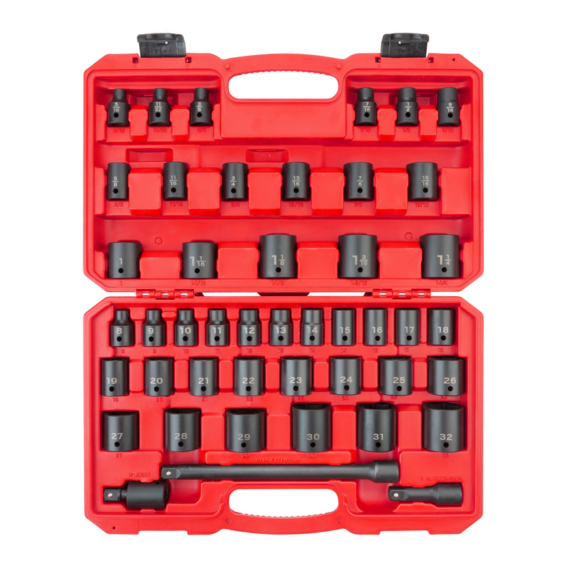 1/2 Inch Drive Shallow 6-Point Impact Socket Set with Case, 45-Piece (5/16 - 1-1/4 in., 8-32 mm)