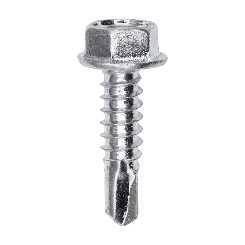 #14x1" Hex Head Washer Indented Super Teks, Type 3 Self-Drilling Tek, Zinc, 3/8" Hex Size