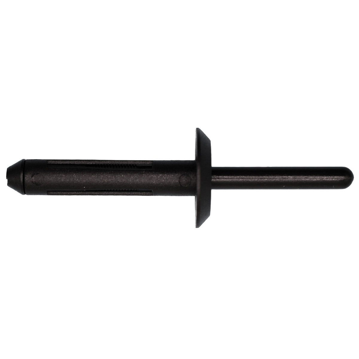 1/4" Black Nylon Rivet, 5/16"-15, 5/16" - 15/32" Grip Range, 21/32" Flange Diam
