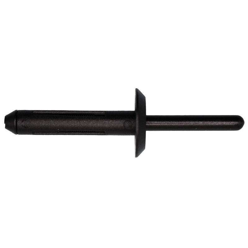 1/4" Black Nylon Rivet, 5/16"-15, 5/16" - 15/32" Grip Range, 21/32" Flange Diam