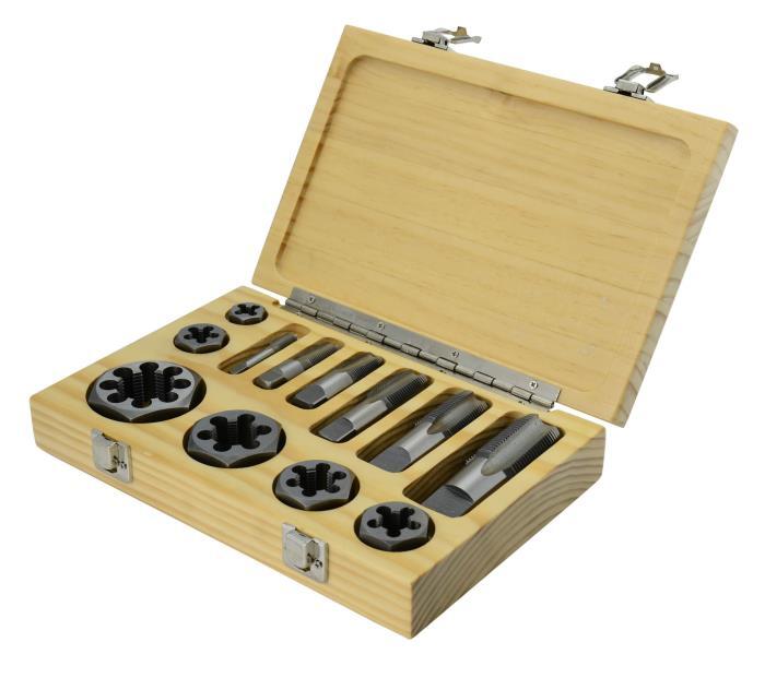 12 Piece Carbon Steel NPT Pipe Tap and Die Set 1/8", 1/4", 3/8", 1/2", 3/4", and 1" in Wooden Case