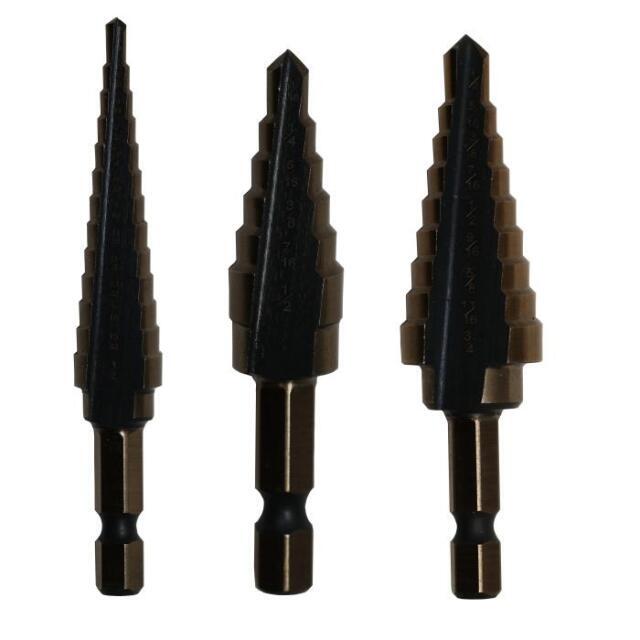 3 Piece High Speed Steel Black & Gold Round Shank Step Drill Bit Set, (Sizes #1 to #3)