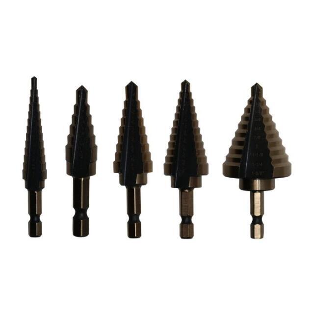 5 Piece High Speed Steel Black & Gold Round Shank Step Drill Bit Set, (Sizes #1 - #5)