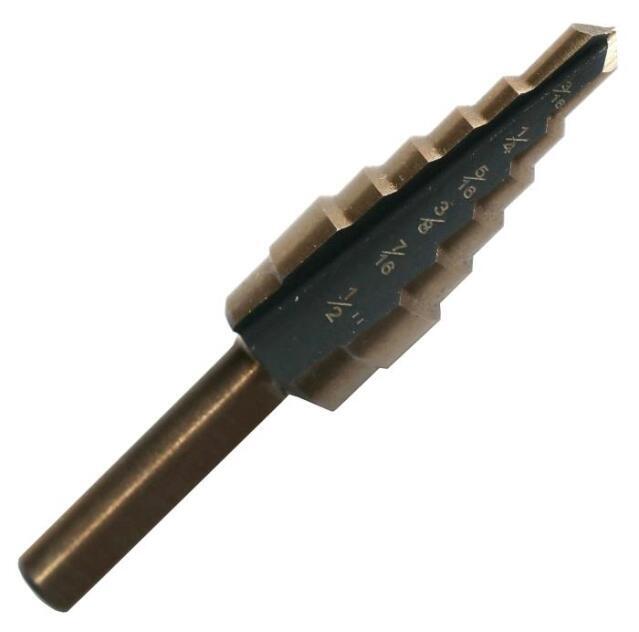 #2 High Speed Steel Black & Gold Round Shank Step Drill Bit, (3/16" - 1/2" by 1/16")