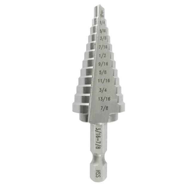 #4 High Speed Steel Quick Change Hex Shank Step Drill Bit, (3/16" - 7/8" by 1/16")
