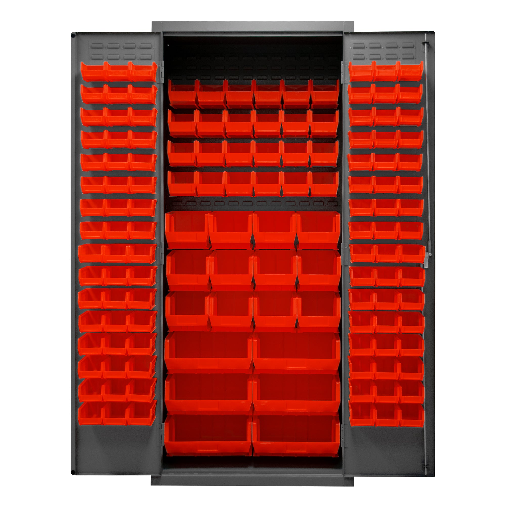 Metal Locking Storage Cabinet with 138 Red Hook-On-Bins