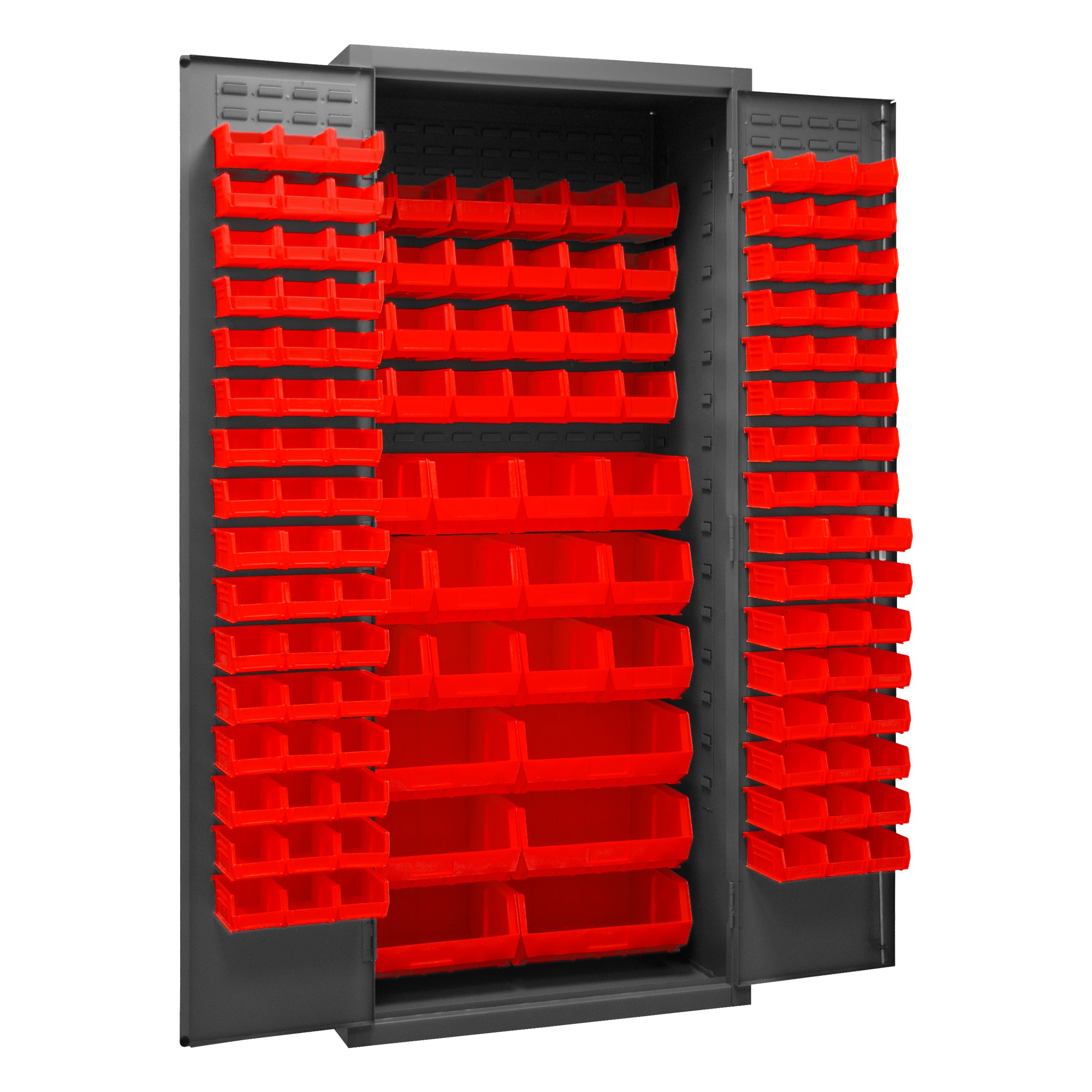 Metal Locking Storage Cabinet with 138 Red Hook-On-Bins