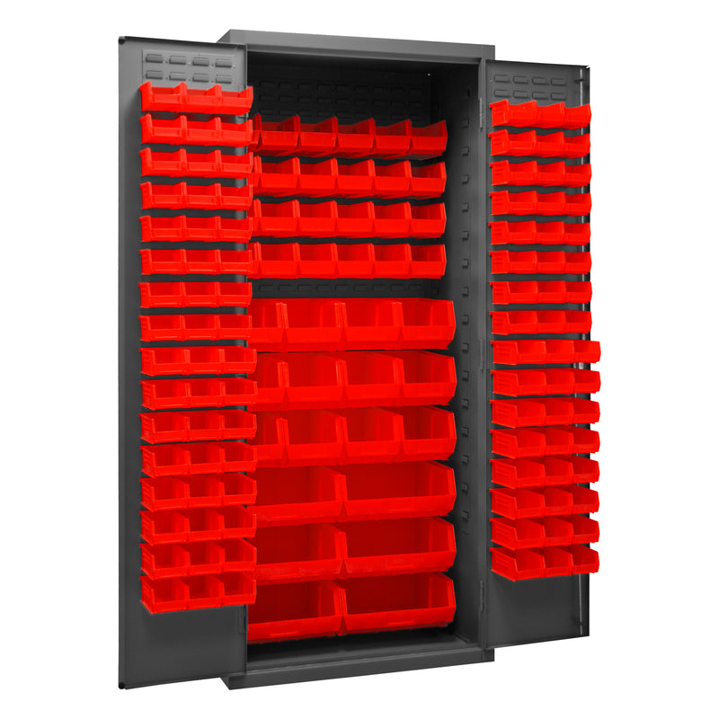 Metal Locking Storage Cabinet with 138 Red Hook-On-Bins