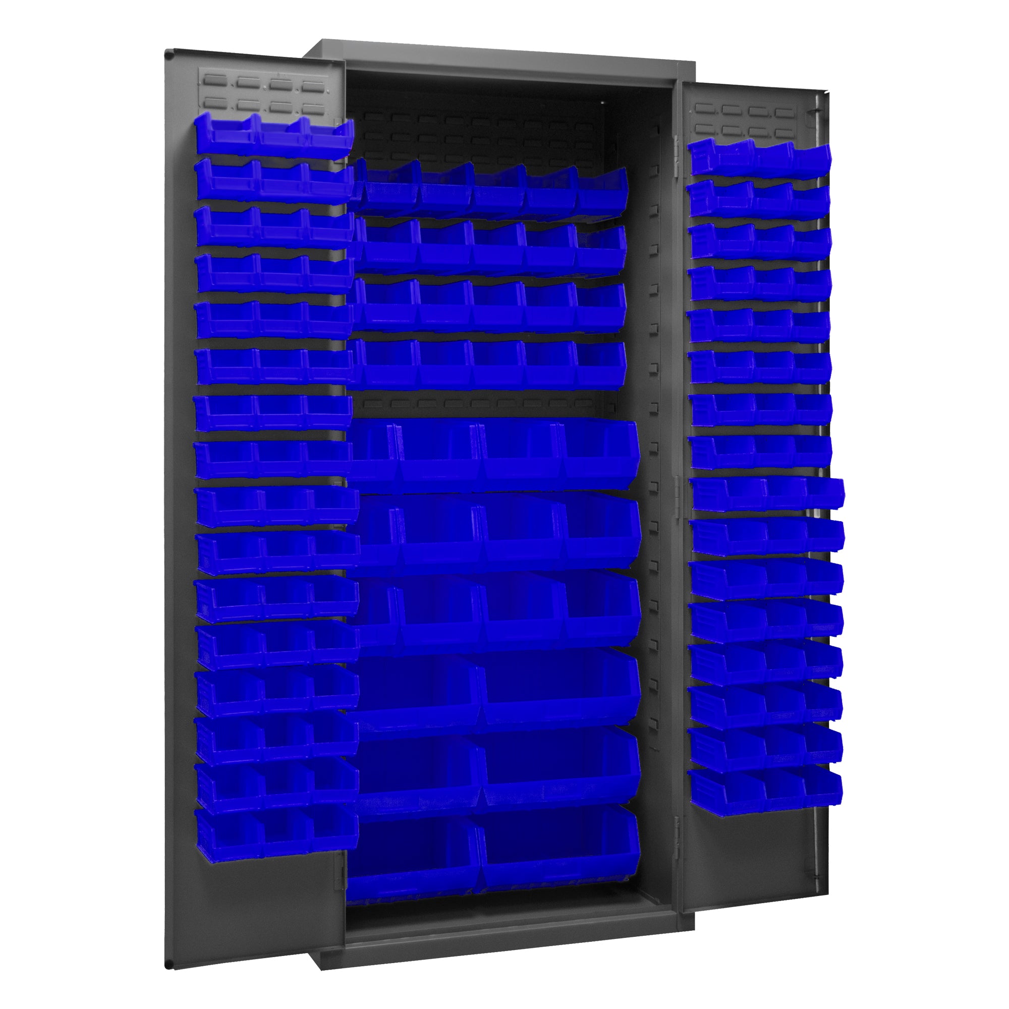 Metal Locking Storage Cabinet with 138 Blue Hook-On-Bins