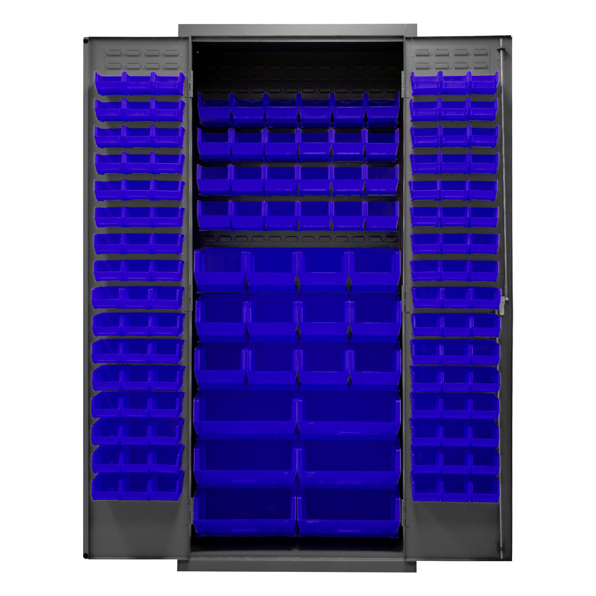 Metal Locking Storage Cabinet with 138 Blue Hook-On-Bins