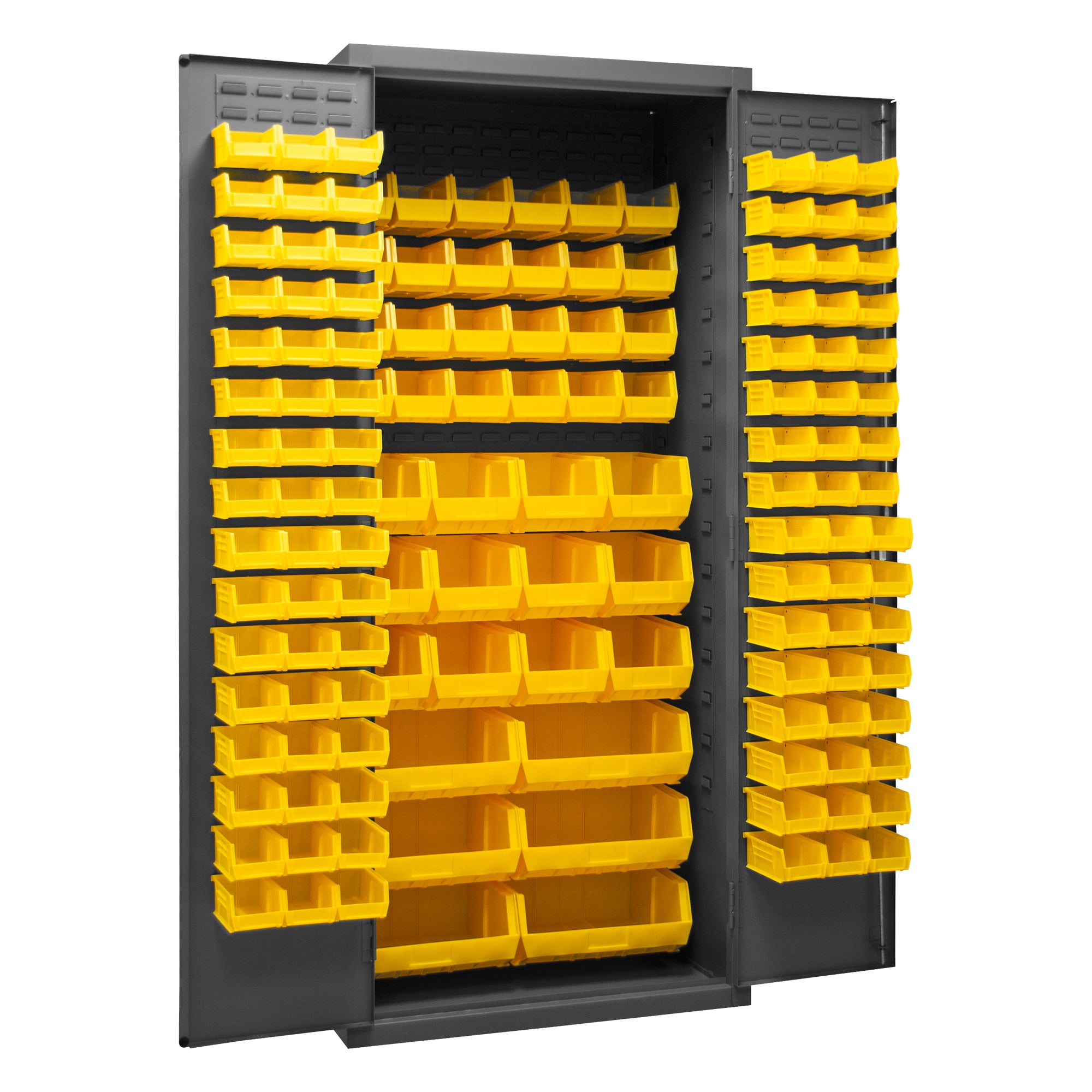 Metal Locking Storage Cabinet with 138 Yellow Hook-On-Bins