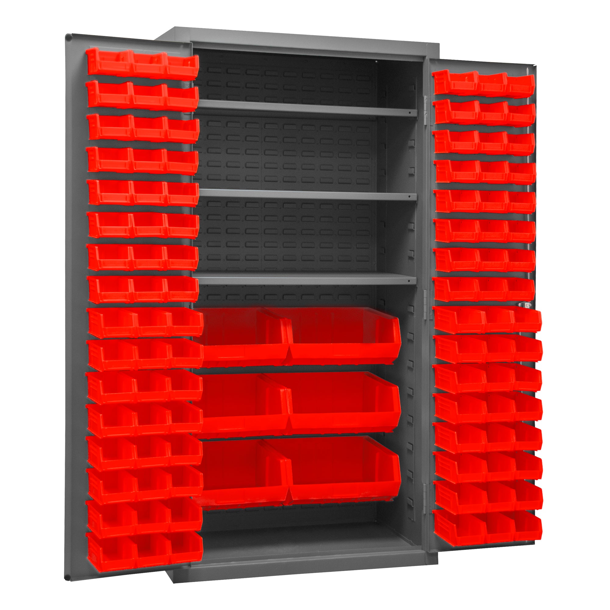 Metal Locking Storage Cabinet with 102 Hook-On-Bins Red and 3 Shelves