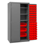 Metal Locking Storage Cabinet with 102 Hook-On-Bins Red and 3 Shelves
