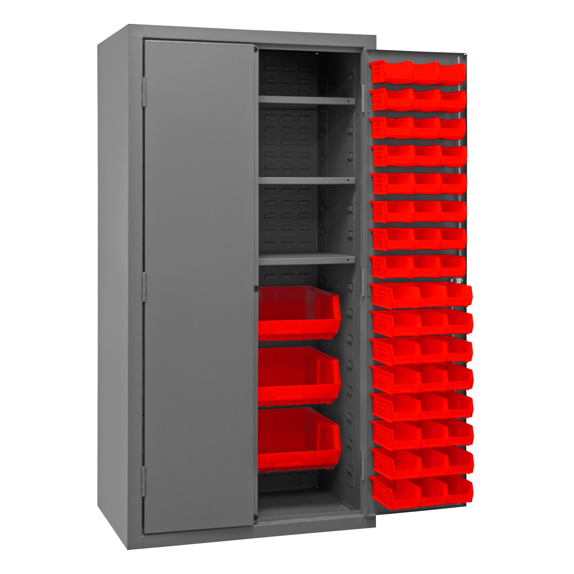 Metal Locking Storage Cabinet with 102 Hook-On-Bins Red and 3 Shelves