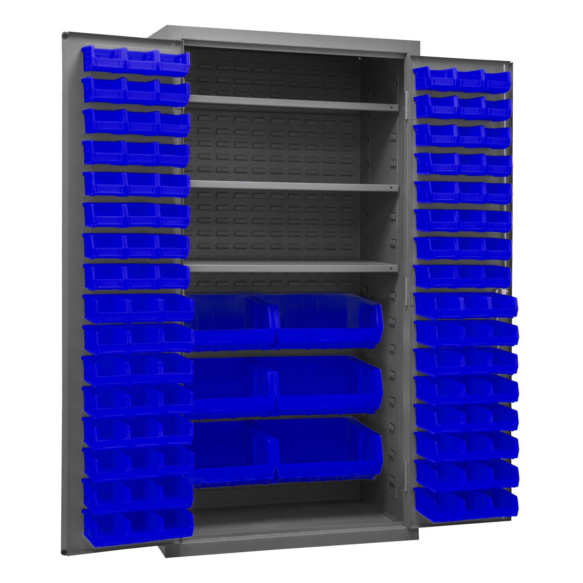 Metal Locking Storage Cabinet with 102 Hook-On-Bins Blue and 3 Shelves