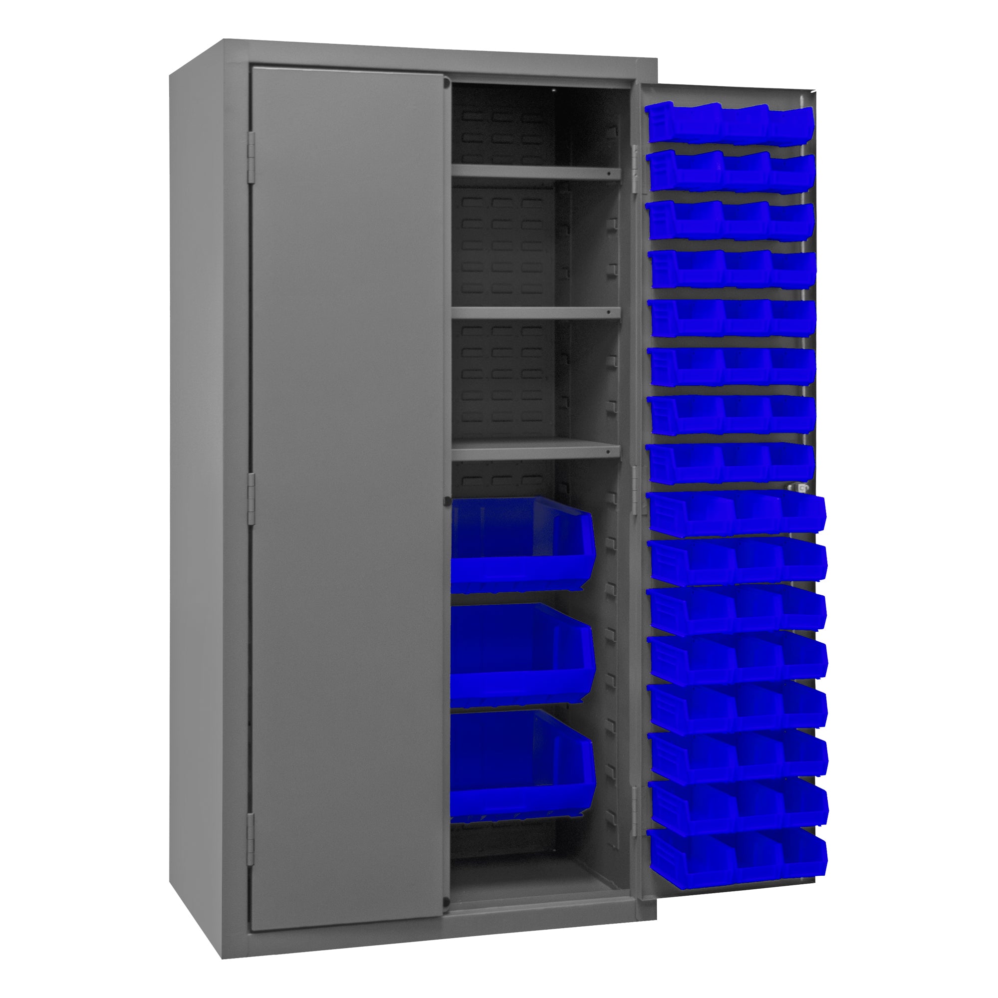 Metal Locking Storage Cabinet with 102 Hook-On-Bins Blue and 3 Shelves