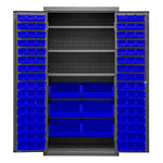 Metal Locking Storage Cabinet with 102 Hook-On-Bins Blue and 3 Shelves