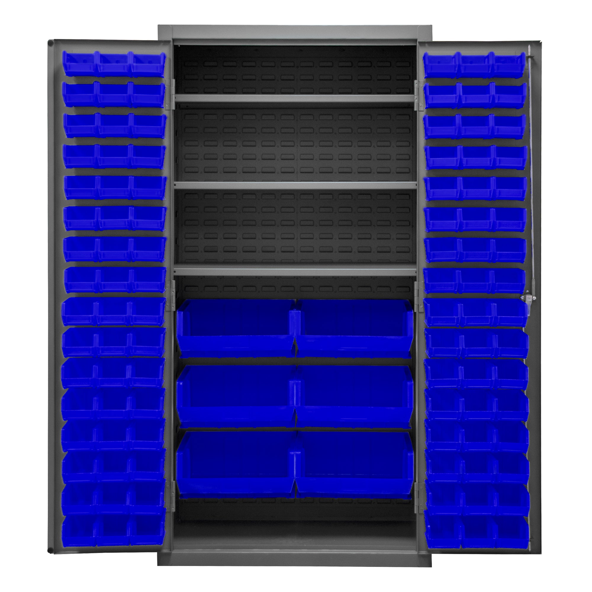 Metal Locking Storage Cabinet with 102 Hook-On-Bins Blue and 3 Shelves