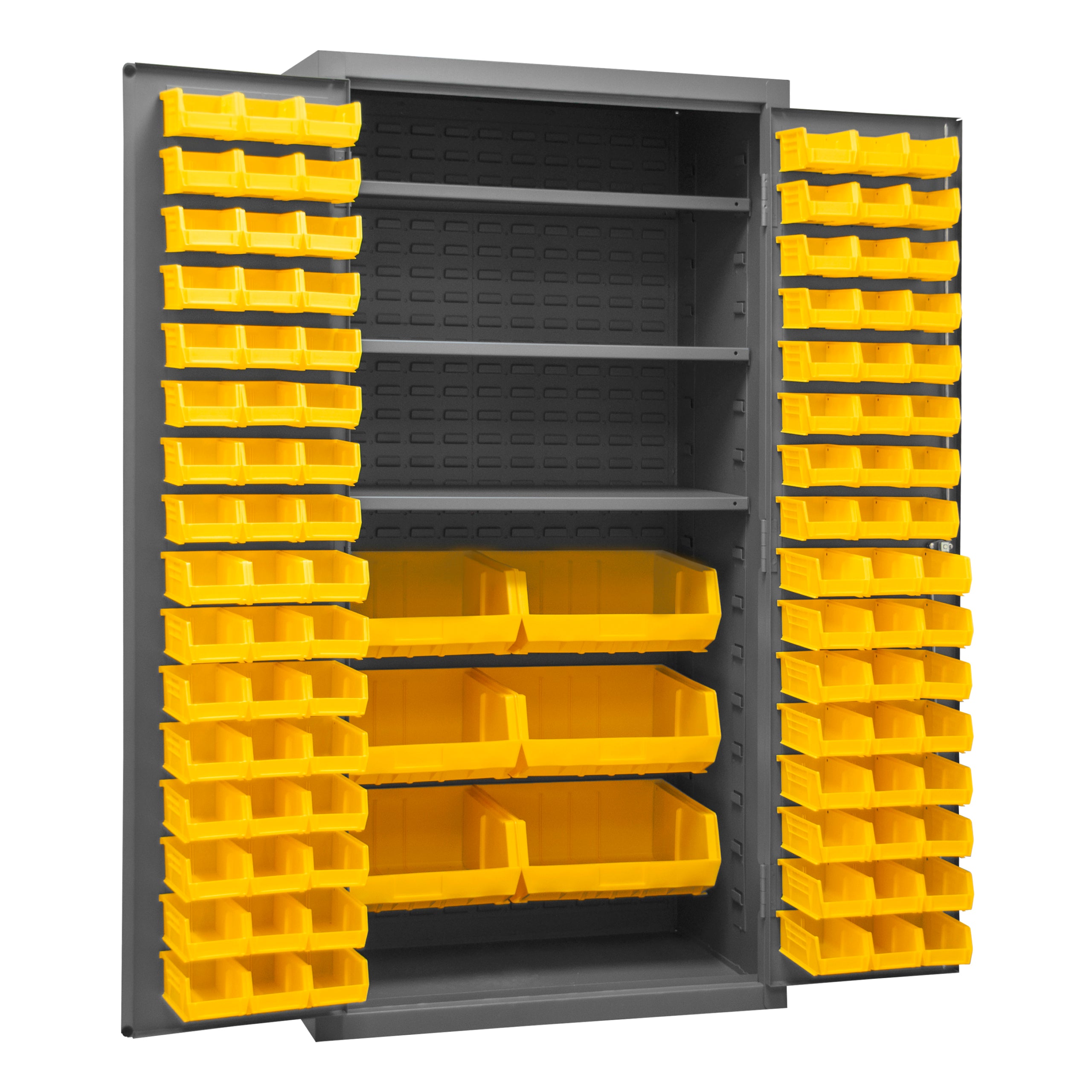Metal Locking Storage Cabinet with 102 Hook-On-Bins Yellow and 3 Shelves