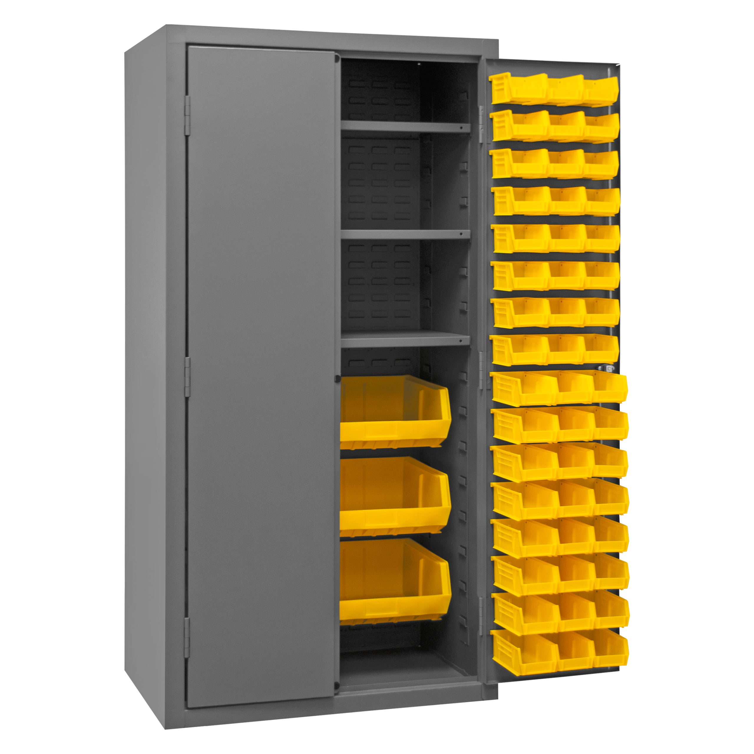 Metal Locking Storage Cabinet with 102 Hook-On-Bins Yellow and 3 Shelves