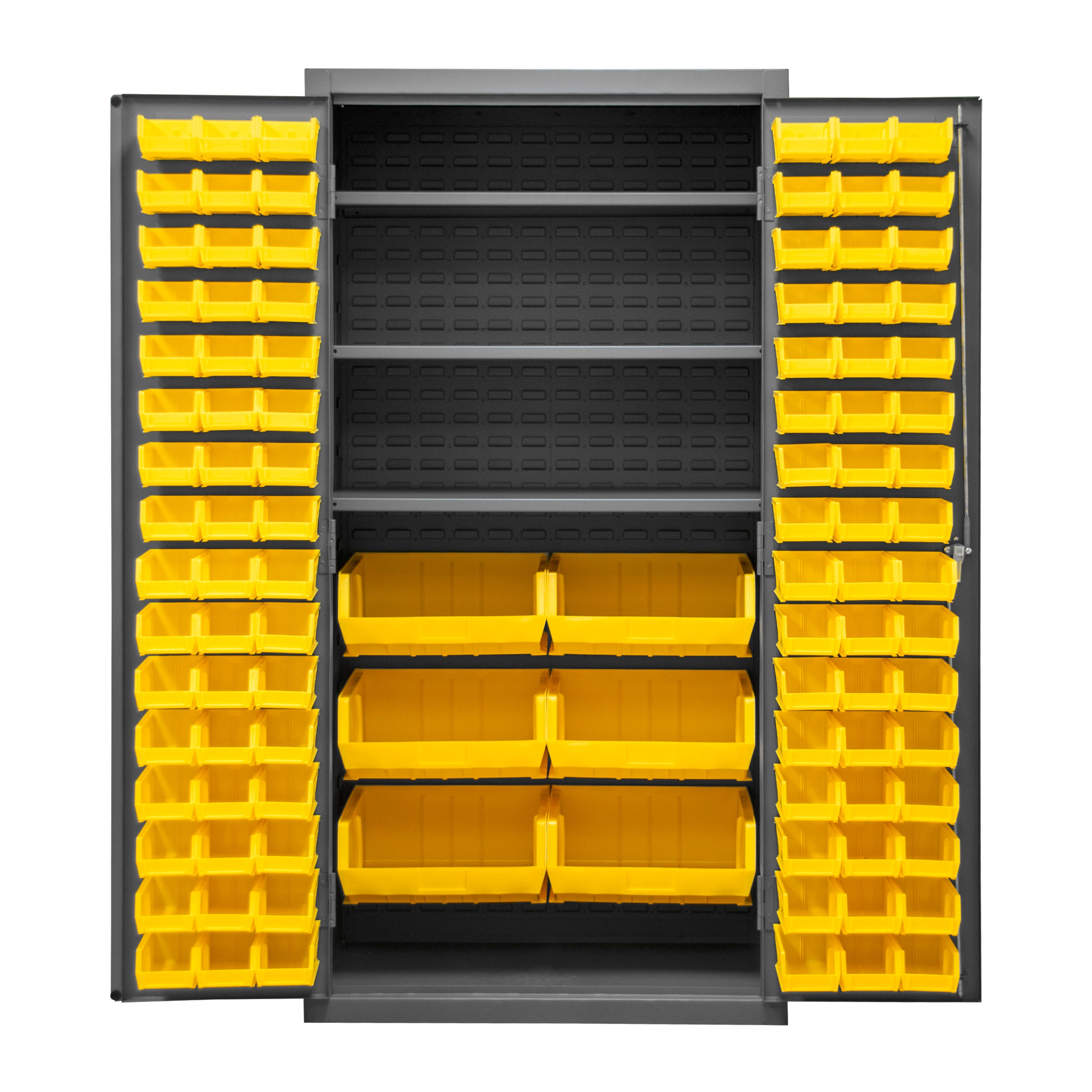 Metal Locking Storage Cabinet with 102 Hook-On-Bins Yellow and 3 Shelves