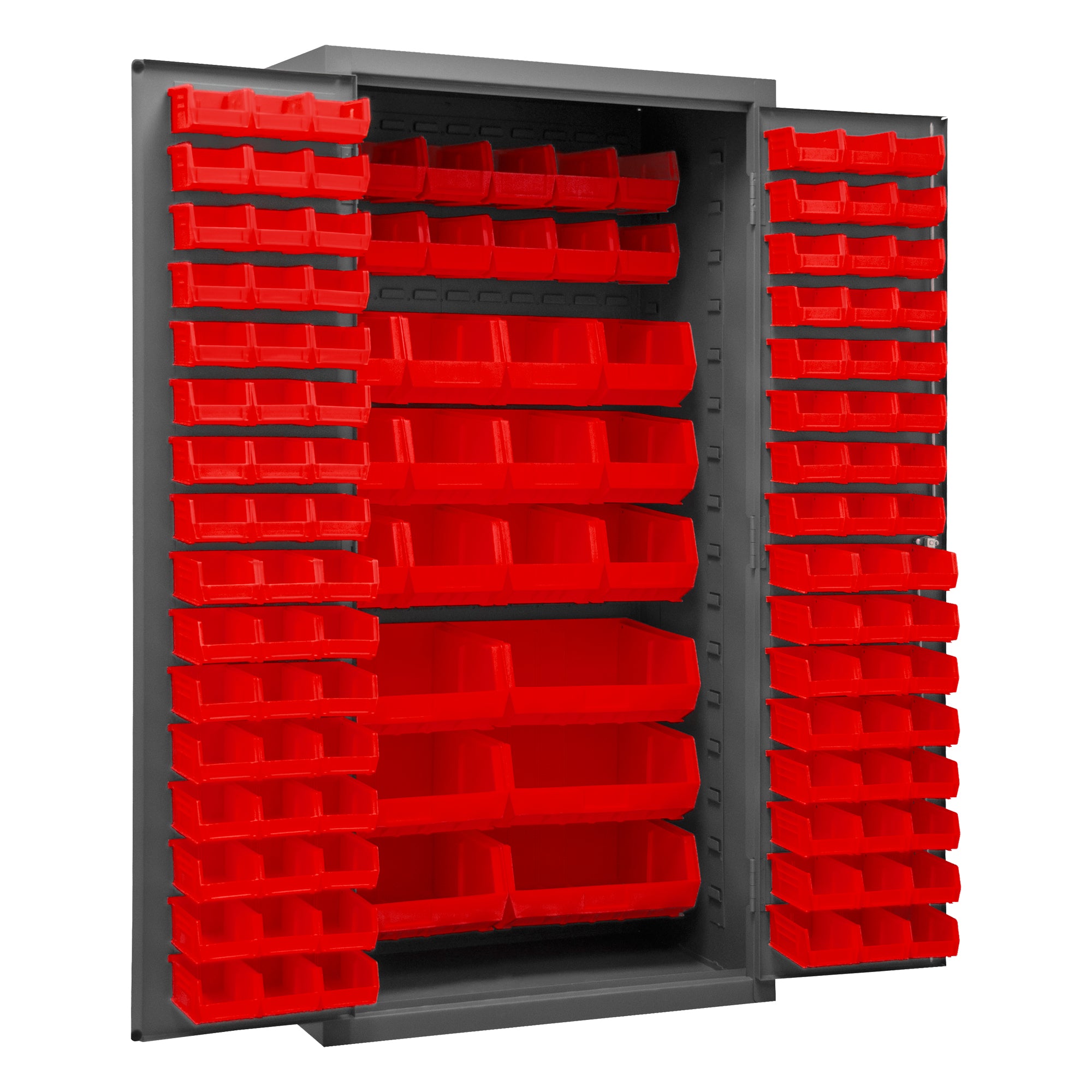 Metal Locking Storage Cabinet with 126 Red Hook-On-Bins