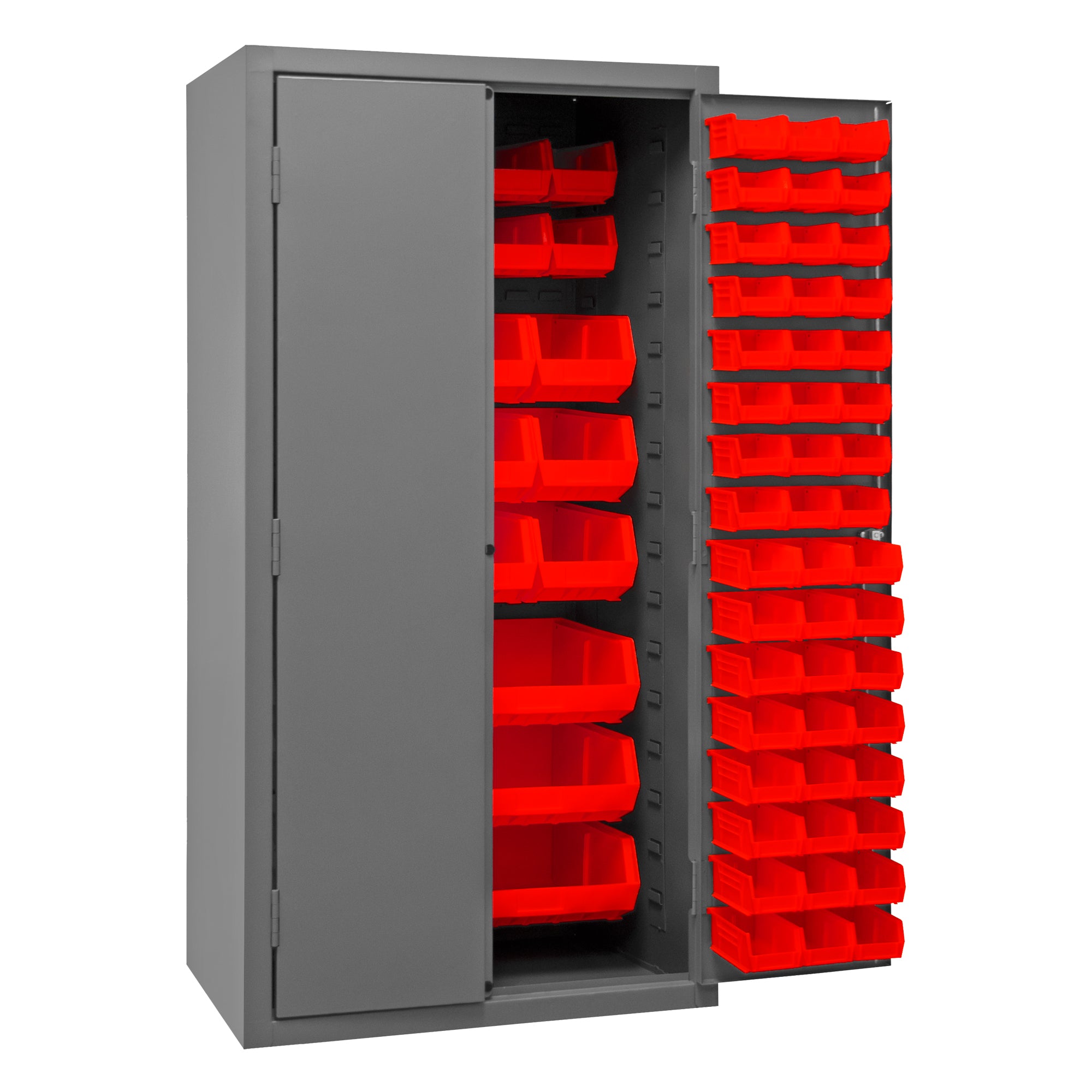 Metal Locking Storage Cabinet with 126 Red Hook-On-Bins