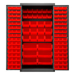 Metal Locking Storage Cabinet with 126 Red Hook-On-Bins