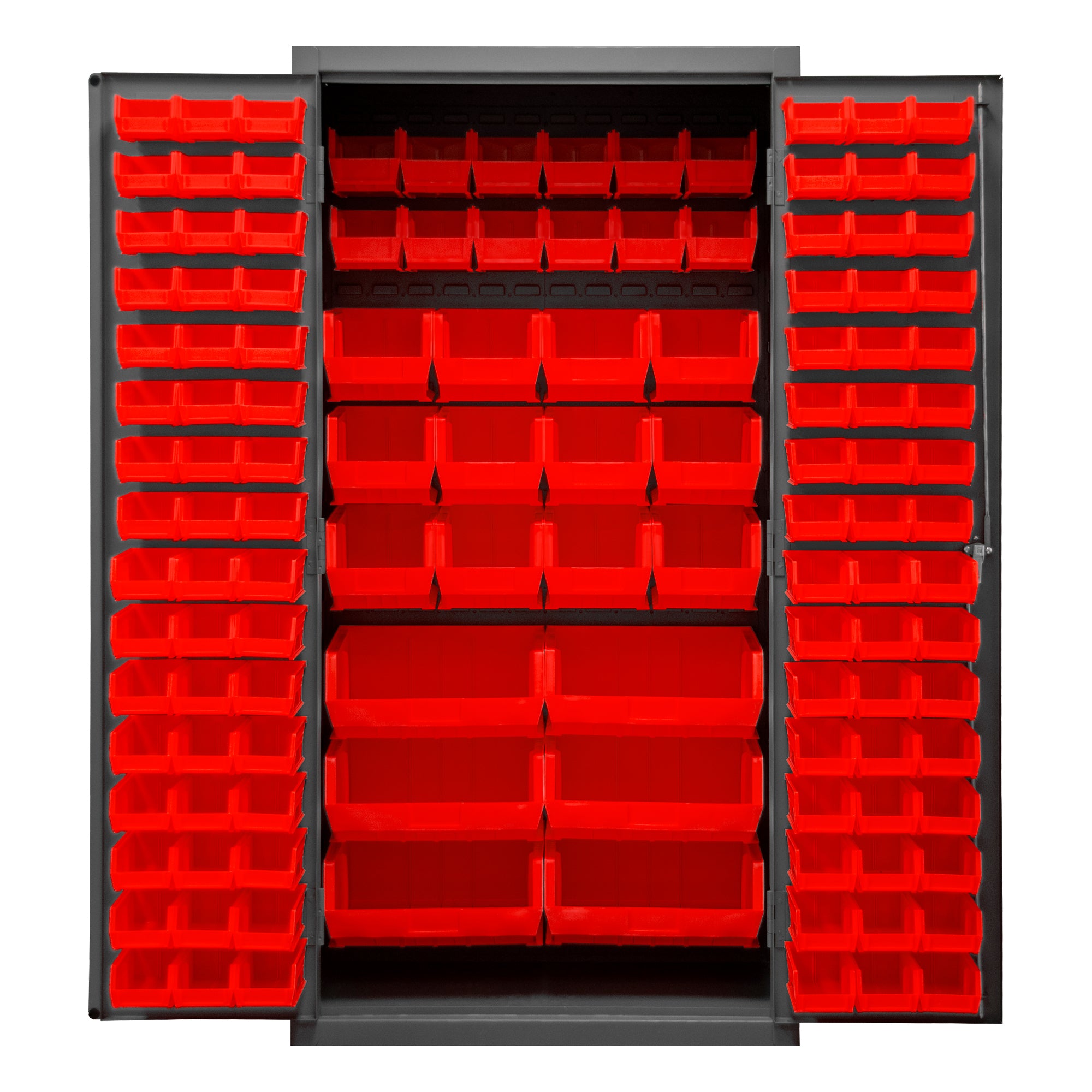 Metal Locking Storage Cabinet with 126 Red Hook-On-Bins