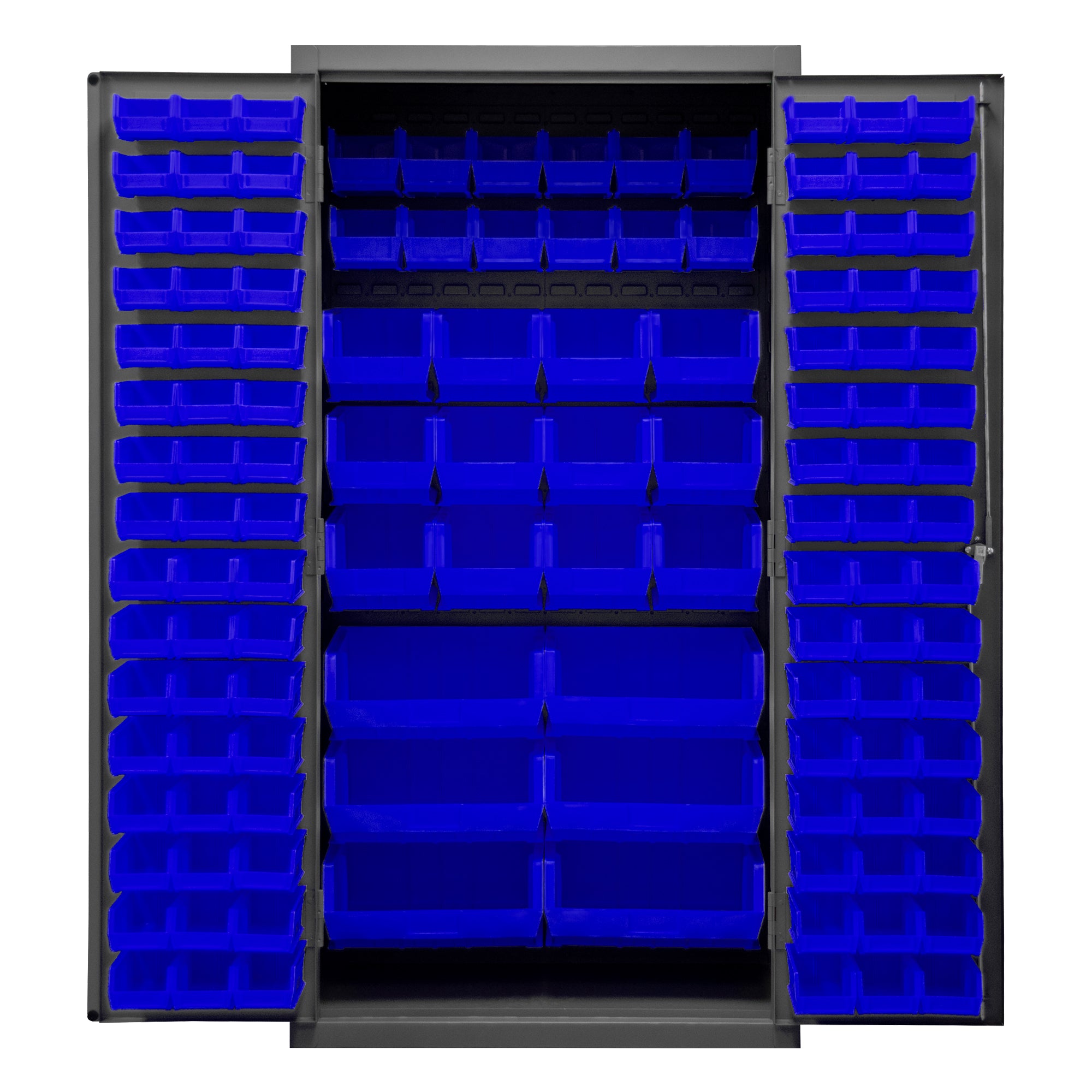 Metal Locking Storage Cabinet with 126 Blue Hook-On-Bins