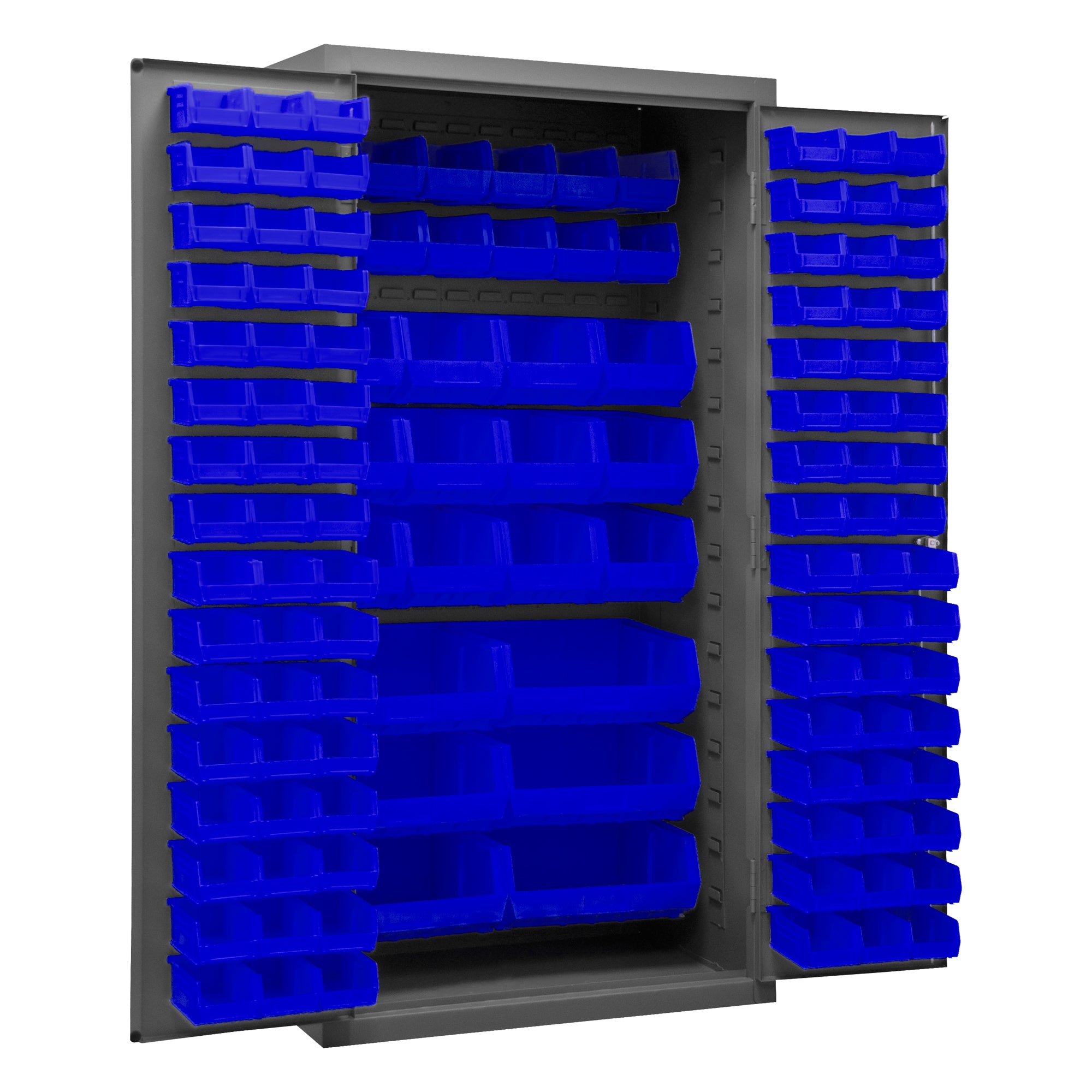 Metal Locking Storage Cabinet with 126 Blue Hook-On-Bins