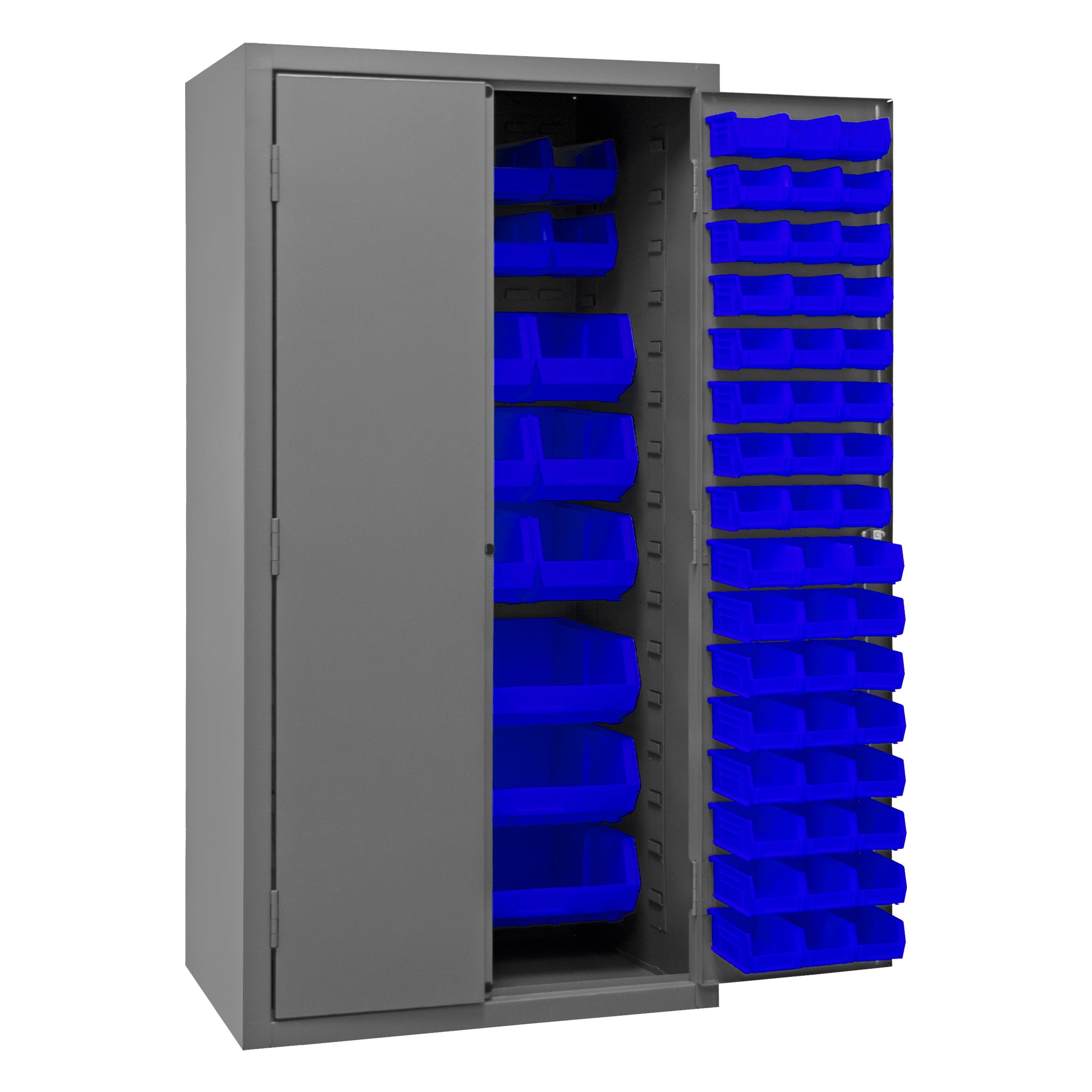 Metal Locking Storage Cabinet with 126 Blue Hook-On-Bins