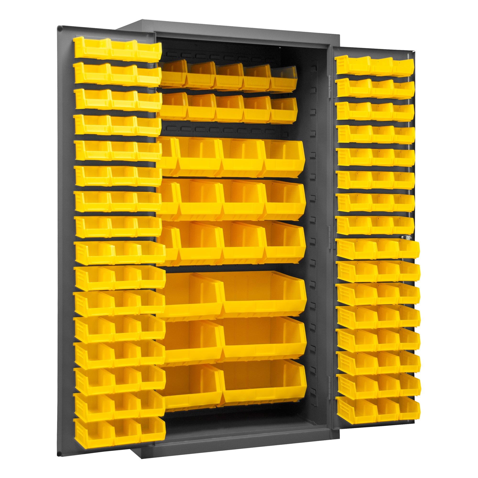 Metal Locking Storage Cabinet with 126 Yellow Hook-On-Bins