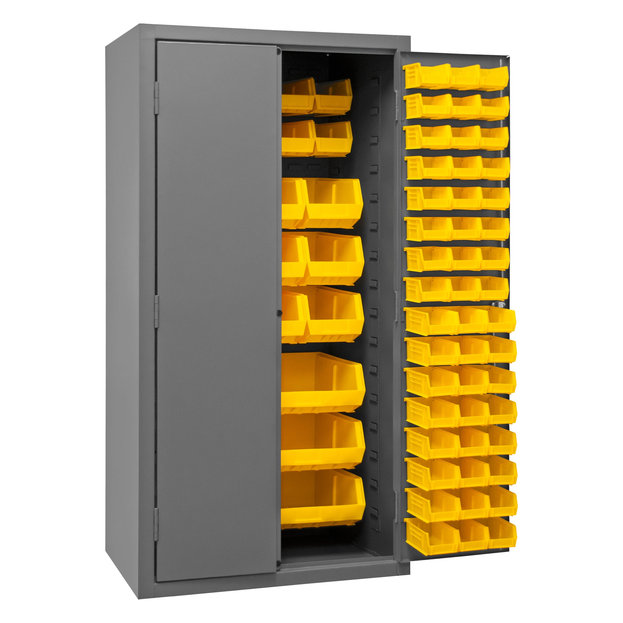 Metal Locking Storage Cabinet with 126 Yellow Hook-On-Bins