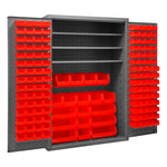 Metal Locking Storage Cabinet with 138 Red Hook-On-Bins and 3 Shelves