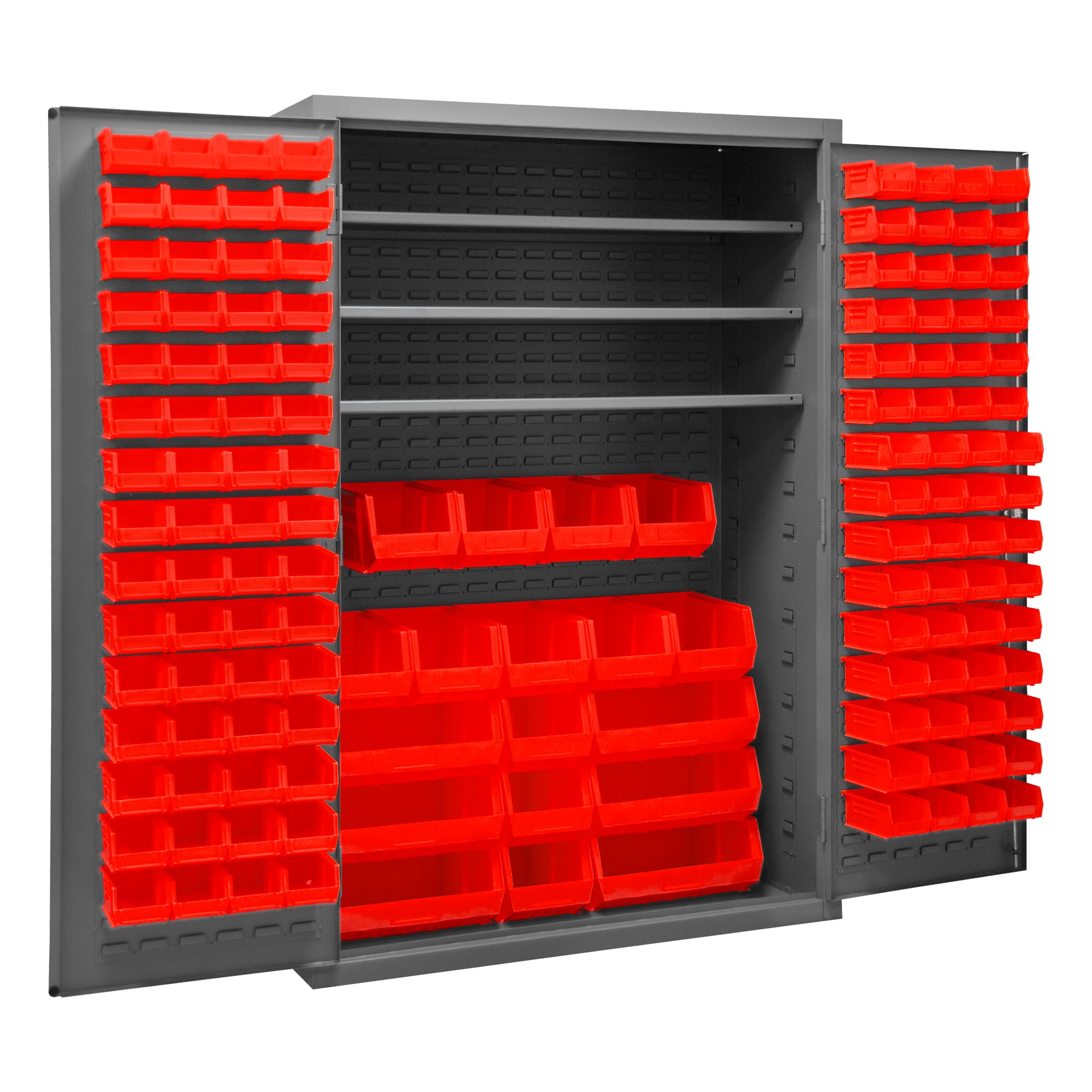 Metal Locking Storage Cabinet with 138 Red Hook-On-Bins and 3 Shelves