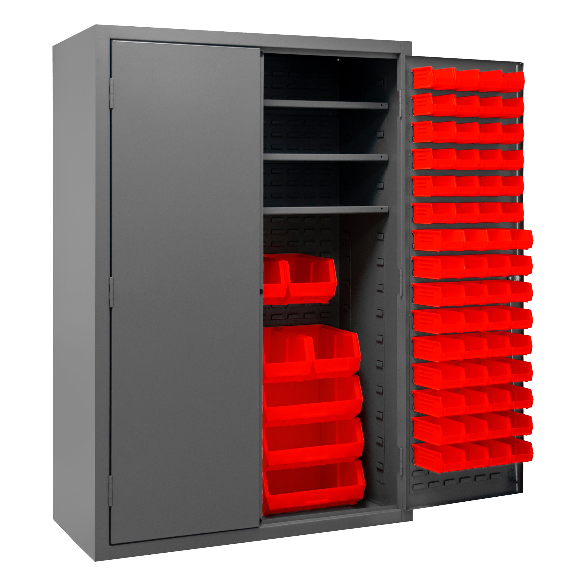 Metal Locking Storage Cabinet with 138 Red Hook-On-Bins and 3 Shelves