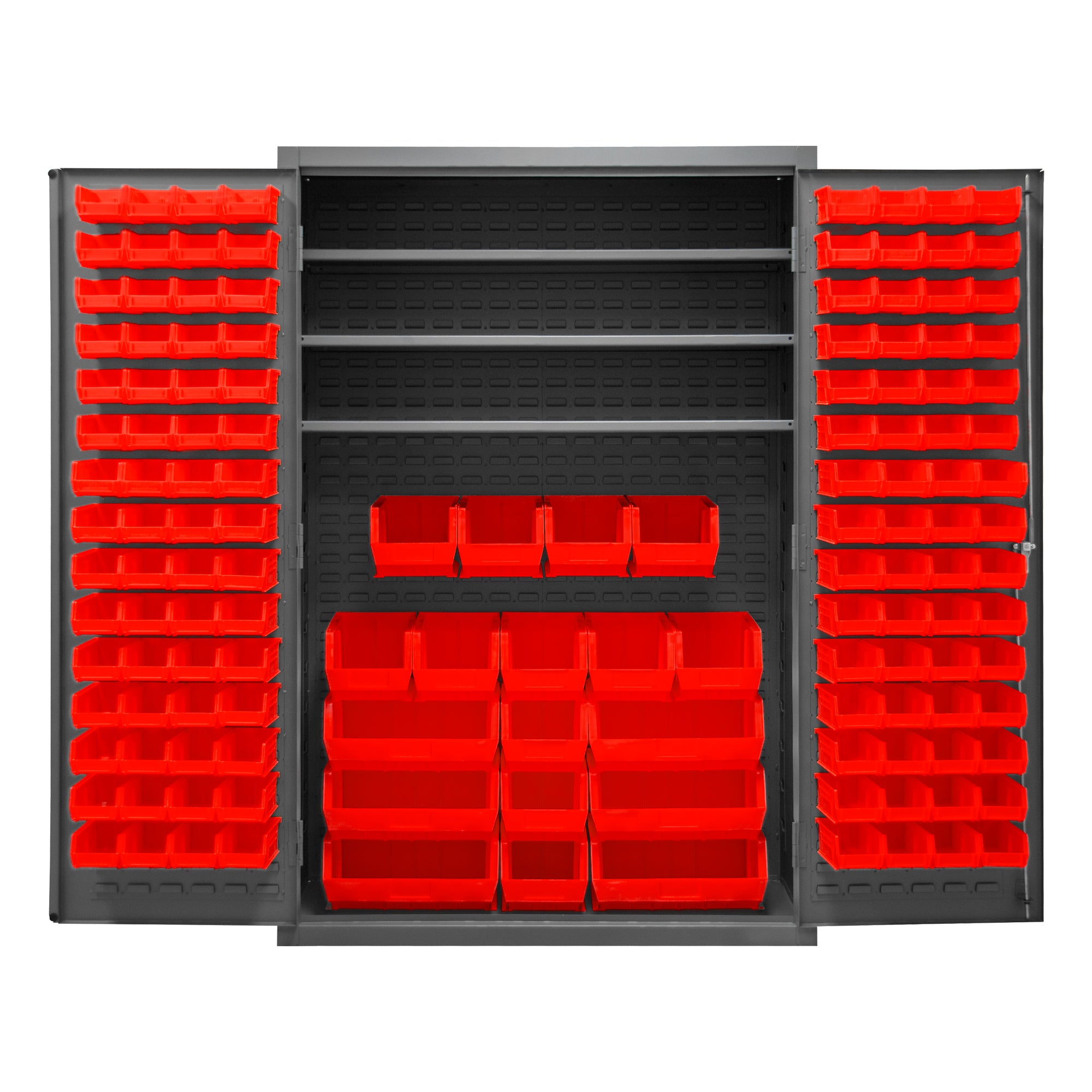 Metal Locking Storage Cabinet with 138 Red Hook-On-Bins and 3 Shelves