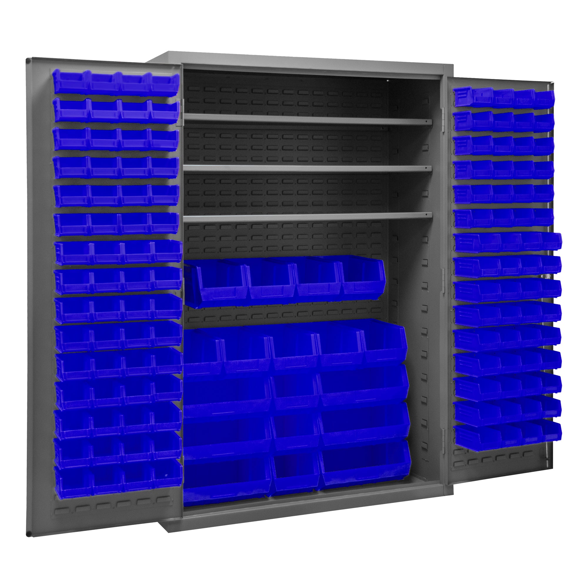 Metal Locking Storage Cabinet with 138 Blue Hook-On-Bins and 3 Shelves