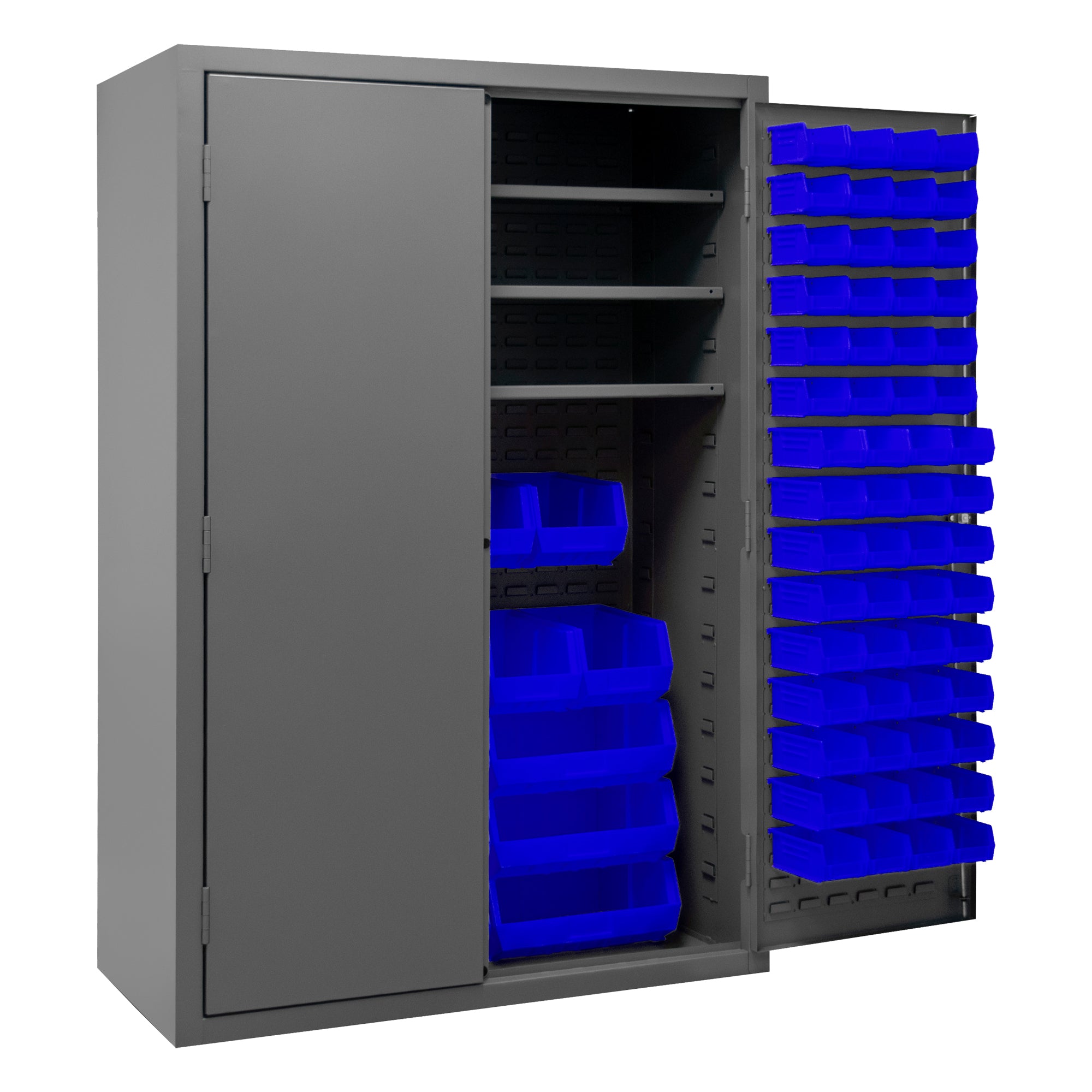 Metal Locking Storage Cabinet with 138 Blue Hook-On-Bins and 3 Shelves
