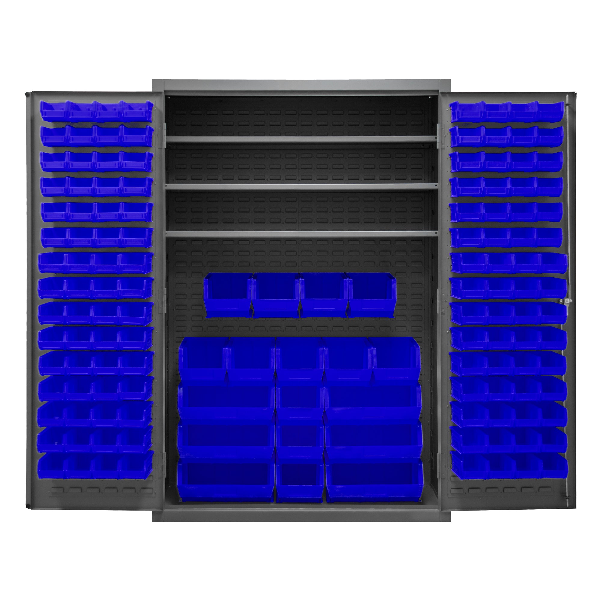 Metal Locking Storage Cabinet with 138 Blue Hook-On-Bins and 3 Shelves